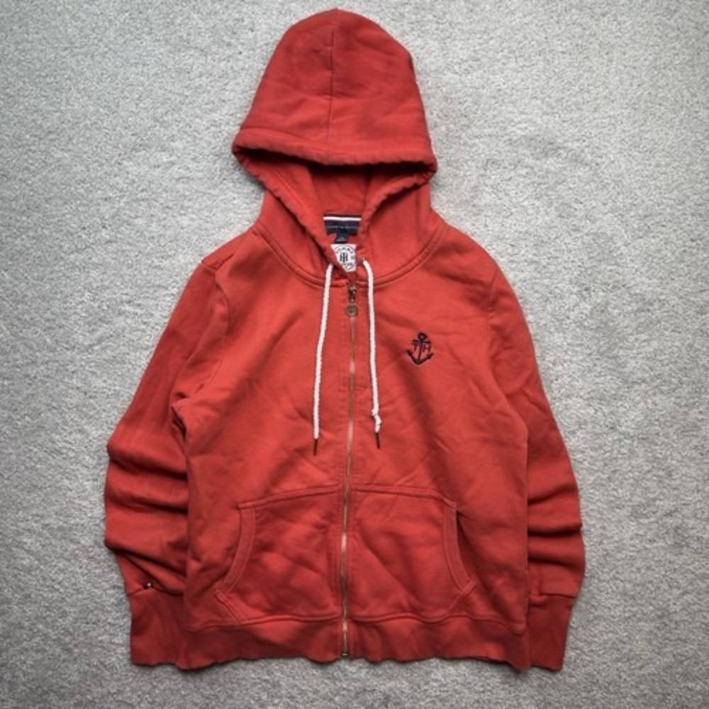 Tommy Hilfiger Womens Large Red Nautical Anchor Full Zip Hoodie Sweatshirt